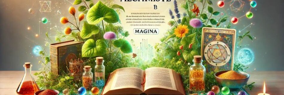 Bannière lumineuse et naturelle pour la page "À Propos" d'Alchimiste.be, avec des éléments représentant des plantes, des livres, des épices, et des cartes de tarot, combinant des aspects organiques et technologiques.