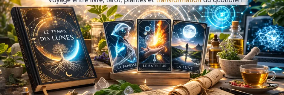 Livre Le Temps des Lunes, cartes de tarot modernes et plantes médicinales représentant l’univers du site Alchimiste.be et l’alchimie moderne
