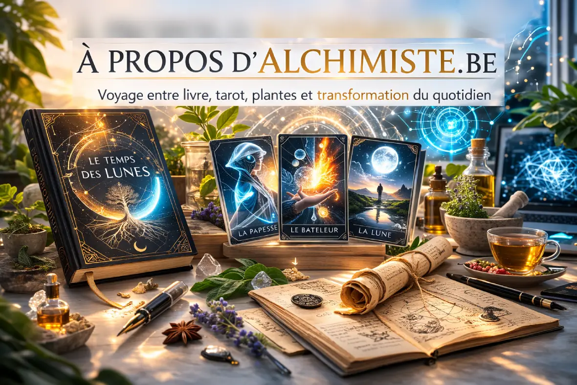 Livre Le Temps des Lunes, cartes de tarot modernes et plantes médicinales représentant l’univers du site Alchimiste.be et l’alchimie moderne