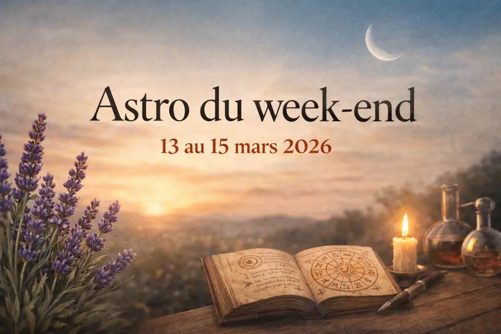 Bannière éditoriale avec ciel de coucher de soleil, lune fine et brins de lavande illustrant l’astro du week-end du 13 au 15 mars 2026 sur Alchimiste.