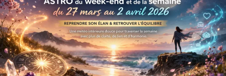 Bannière astrologique Alchimiste avec grande lune lumineuse au-dessus de la mer, ciel étoilé, horizon au coucher du soleil et ambiance douce du 27 mars au 2 avril 2026