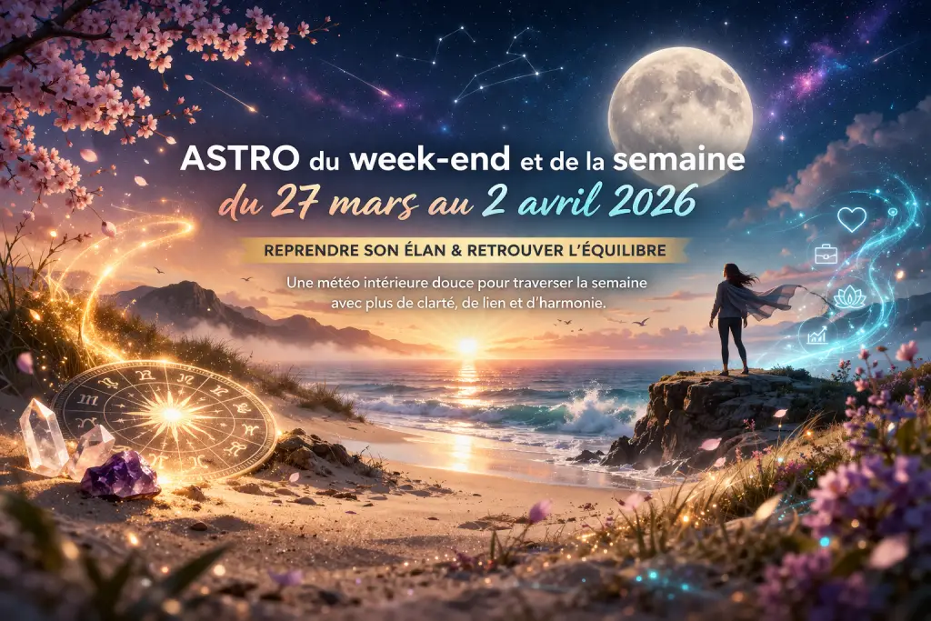 Bannière astrologique Alchimiste avec grande lune lumineuse au-dessus de la mer, ciel étoilé, horizon au coucher du soleil et ambiance douce du 27 mars au 2 avril 2026