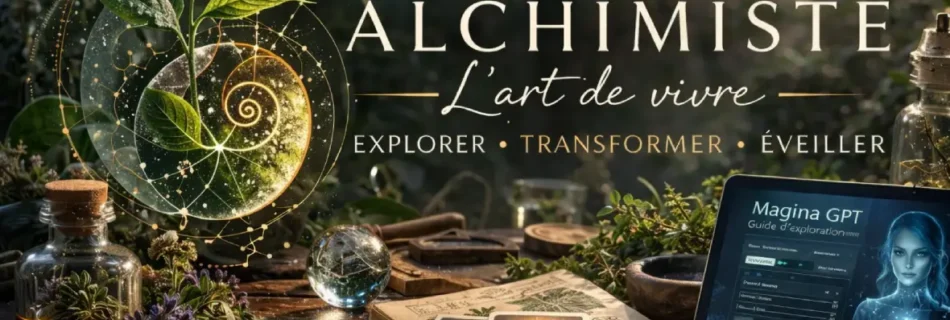 Atelier d’herboristerie moderne avec plantes médicinales sur table en bois, tarot alchimique et tablette affichant l’assistante IA Magina