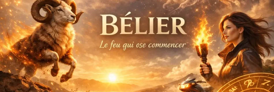 Bannière du signe du Bélier avec un bélier réaliste dans un paysage flamboyant, ciel céleste, constellation et ambiance feu moderne