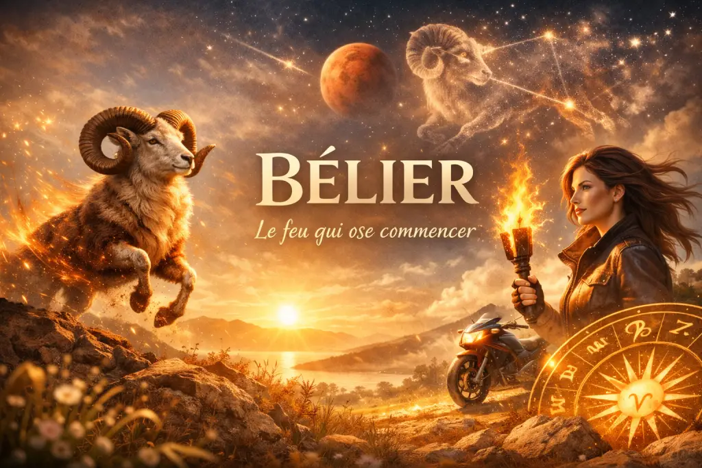 Bannière du signe du Bélier avec un bélier réaliste dans un paysage flamboyant, ciel céleste, constellation et ambiance feu moderne