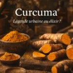 Rhizomes frais de curcuma coupés et poudre de curcuma sur table rustique avec accessoires d’herboristerie dans une lumière chaude