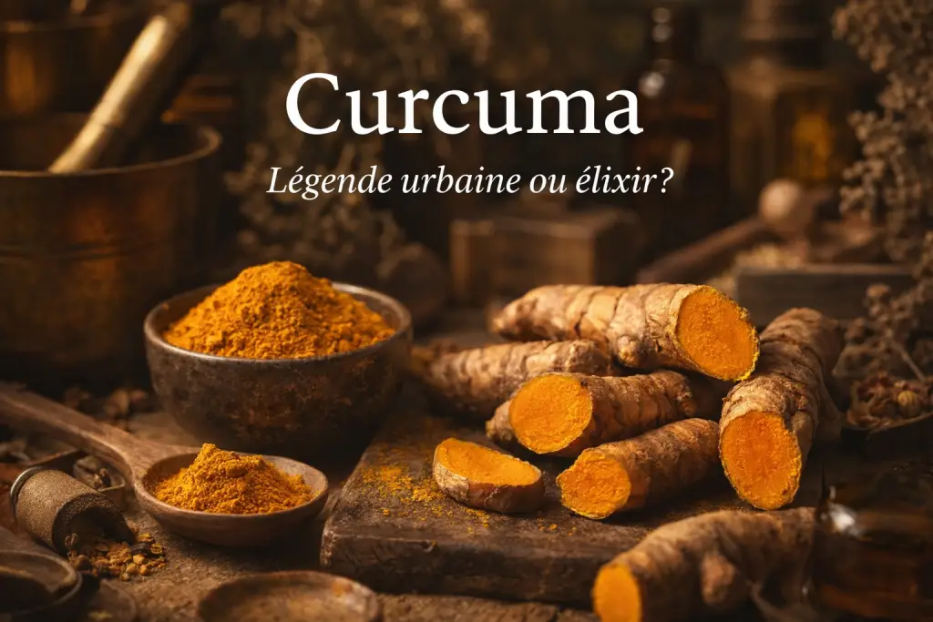 Rhizomes frais de curcuma coupés et poudre de curcuma sur table rustique avec accessoires d’herboristerie dans une lumière chaude