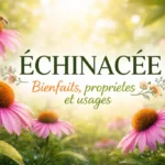 Bannière lumineuse avec fleurs d’échinacée rose en gros plan, ambiance botanique élégante et texte Échinacée bienfaits, propriétés et usages