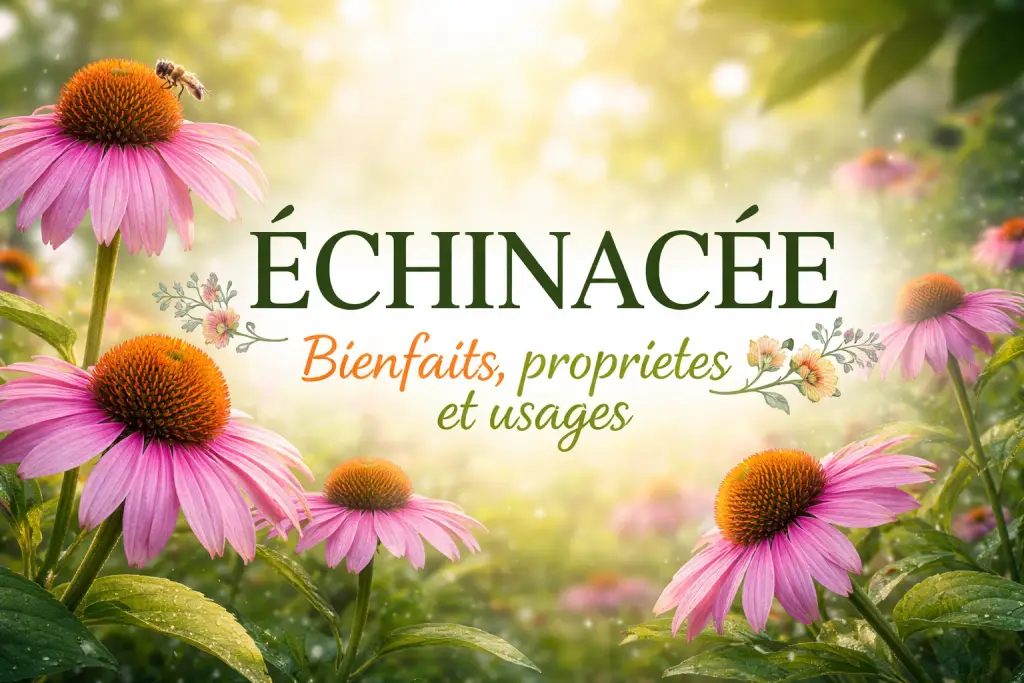 Bannière lumineuse avec fleurs d’échinacée rose en gros plan, ambiance botanique élégante et texte Échinacée bienfaits, propriétés et usages