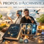 Bannière FAQ Alchimiste avec livre Le Temps des Lunes, cartes de tarot modernes, plantes médicinales et GPT interactif