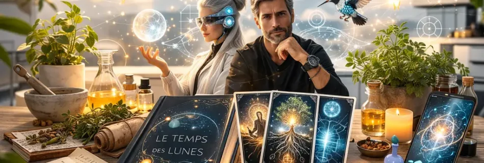 Bannière FAQ Alchimiste avec livre Le Temps des Lunes, cartes de tarot modernes, plantes médicinales et GPT interactif