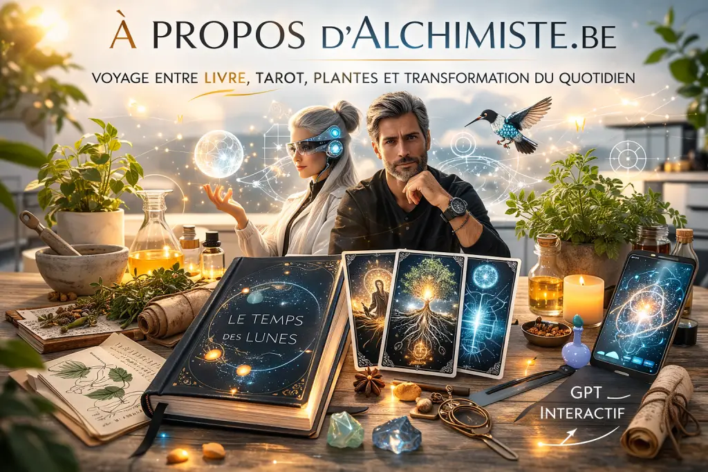 Bannière FAQ Alchimiste avec livre Le Temps des Lunes, cartes de tarot modernes, plantes médicinales et GPT interactif