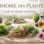 grimoire des plantes médicinales avec plantes fraîches, racines et flacons d’herboristerie Version alternative un peu plus naturelle : plantes médicinales et racines sur table botanique pour grimoire des plantes médicinales