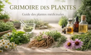grimoire des plantes médicinales avec plantes fraîches, racines et flacons d’herboristerie Version alternative un peu plus naturelle : plantes médicinales et racines sur table botanique pour grimoire des plantes médicinales