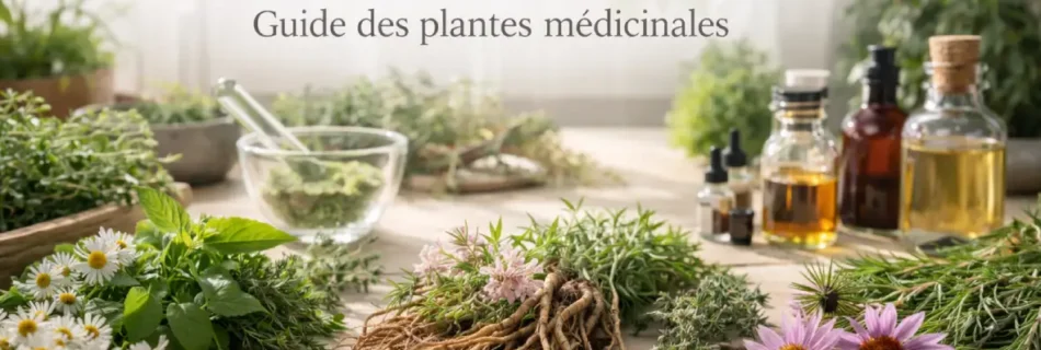 grimoire des plantes médicinales avec plantes fraîches, racines et flacons d’herboristerie Version alternative un peu plus naturelle : plantes médicinales et racines sur table botanique pour grimoire des plantes médicinales