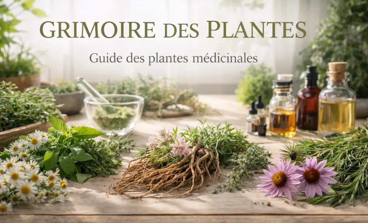 grimoire des plantes médicinales avec plantes fraîches, racines et flacons d’herboristerie Version alternative un peu plus naturelle : plantes médicinales et racines sur table botanique pour grimoire des plantes médicinales