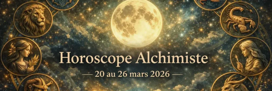Bannière Horoscope Alchimiste du 20 au 26 mars 2026 avec lune centrale lumineuse et roue des douze signes astrologiques