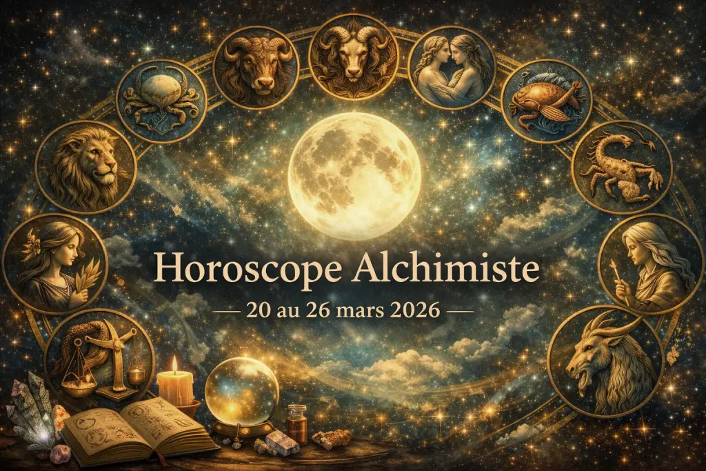 Bannière Horoscope Alchimiste du 20 au 26 mars 2026 avec lune centrale lumineuse et roue des douze signes astrologiques
