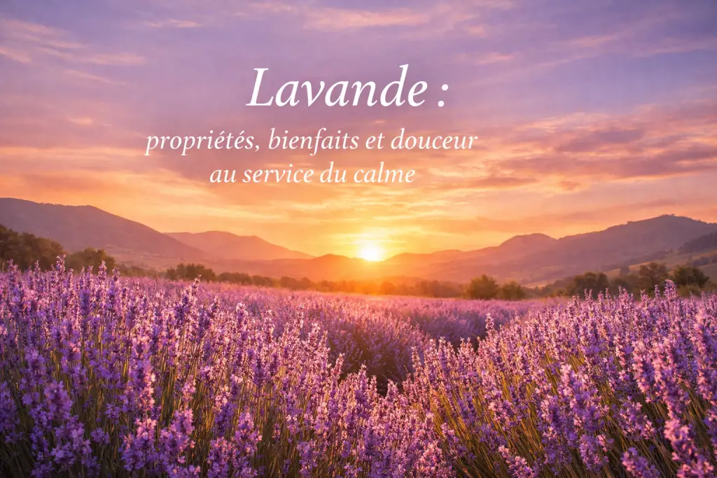 Champ de lavande en fleurs au coucher du soleil, bannière pour un article sur les propriétés et bienfaits de la lavande