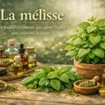 Mélisse fraîche en bouquet sur table d’herboristerie, plante médicinale apaisante aux feuilles vertes citronnées