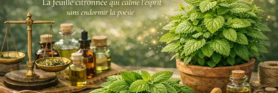 Mélisse fraîche en bouquet sur table d’herboristerie, plante médicinale apaisante aux feuilles vertes citronnées
