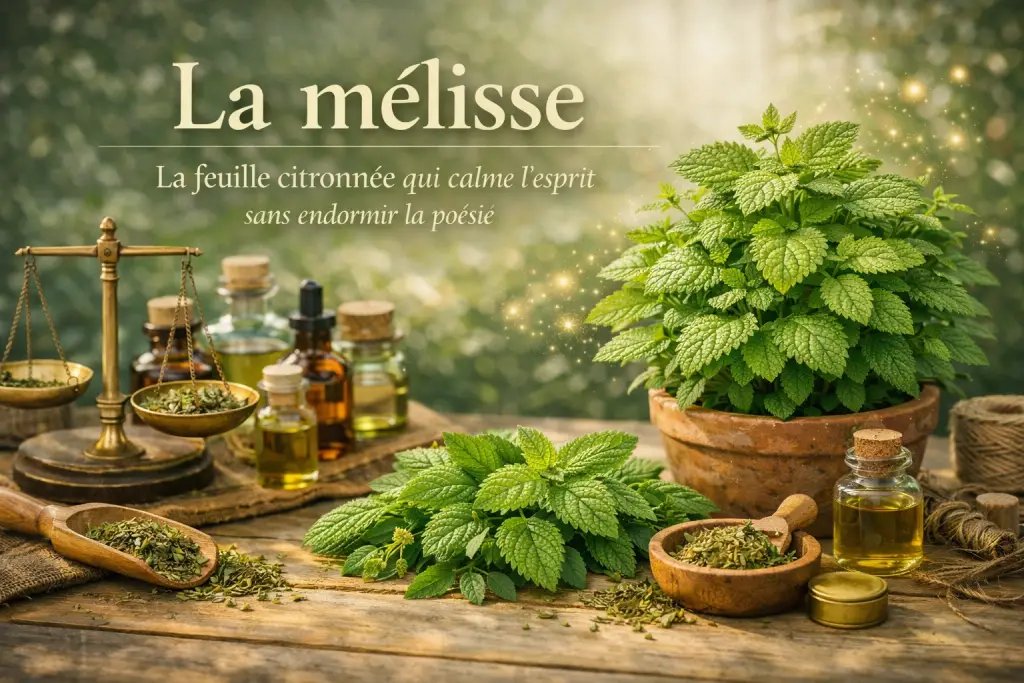 Mélisse fraîche en bouquet sur table d’herboristerie, plante médicinale apaisante aux feuilles vertes citronnées