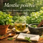 Menthe poivrée fraîche dans un atelier d’herboriste avec feuilles de menthe et jardin aromatique en arrière-plan