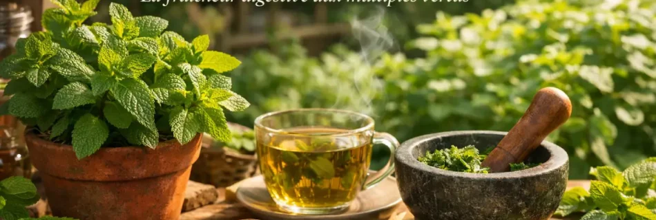 Menthe poivrée fraîche dans un atelier d’herboriste avec feuilles de menthe et jardin aromatique en arrière-plan