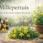 Millepertuis plante médicinale avec fleurs jaunes et pot d’herboristerie sur une table de laboratoire botanique