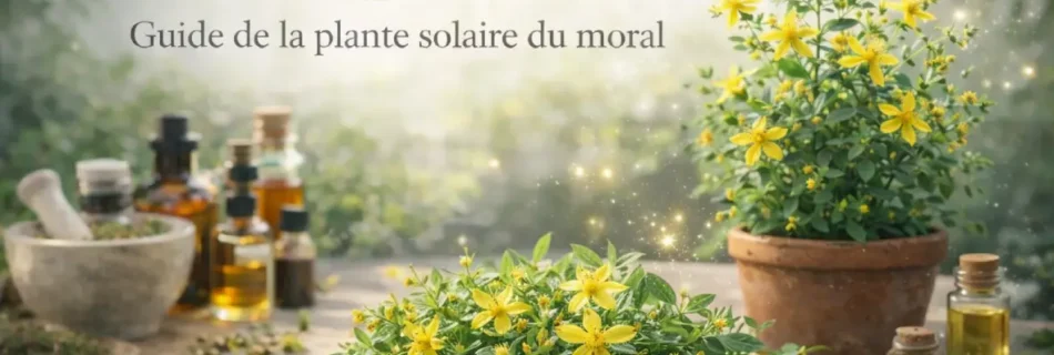 Millepertuis plante médicinale avec fleurs jaunes et pot d’herboristerie sur une table de laboratoire botanique