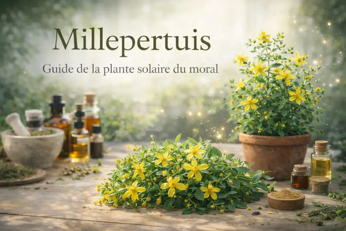 Millepertuis plante médicinale avec fleurs jaunes et pot d’herboristerie sur une table de laboratoire botanique