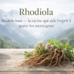 Rhodiola rosea racine adaptogène sur table en bois avec montagnes en arrière-plan – plante médicinale utilisée contre le stress et la fatigue