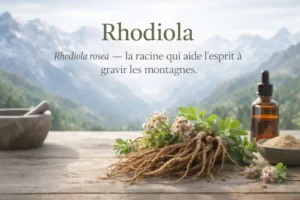 Rhodiola rosea racine adaptogène sur table en bois avec montagnes en arrière-plan – plante médicinale utilisée contre le stress et la fatigue