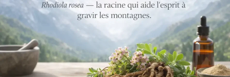 Rhodiola rosea racine adaptogène sur table en bois avec montagnes en arrière-plan – plante médicinale utilisée contre le stress et la fatigue