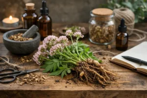 Valériane officinale (Valeriana officinalis) avec racines fraîches et fleurs roses, plante médicinale naturelle utilisée pour le sommeil et l’anxiété.