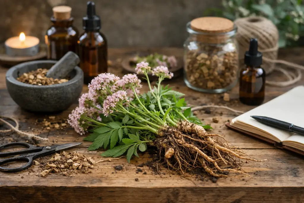 Valériane officinale (Valeriana officinalis) avec racines fraîches et fleurs roses, plante médicinale naturelle utilisée pour le sommeil et l’anxiété.