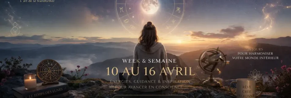 Bannière Horoscope Alchimiste du 10 au 16 avril 2026 avec paysage céleste, roue astrologique, lune, signes du zodiaque et ambiance bien-être