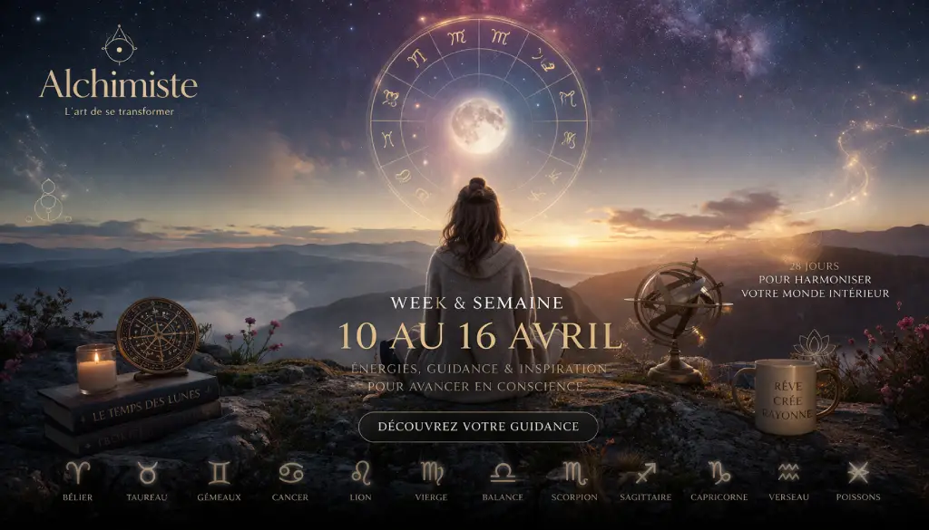 Bannière Horoscope Alchimiste du 10 au 16 avril 2026 avec paysage céleste, roue astrologique, lune, signes du zodiaque et ambiance bien-être