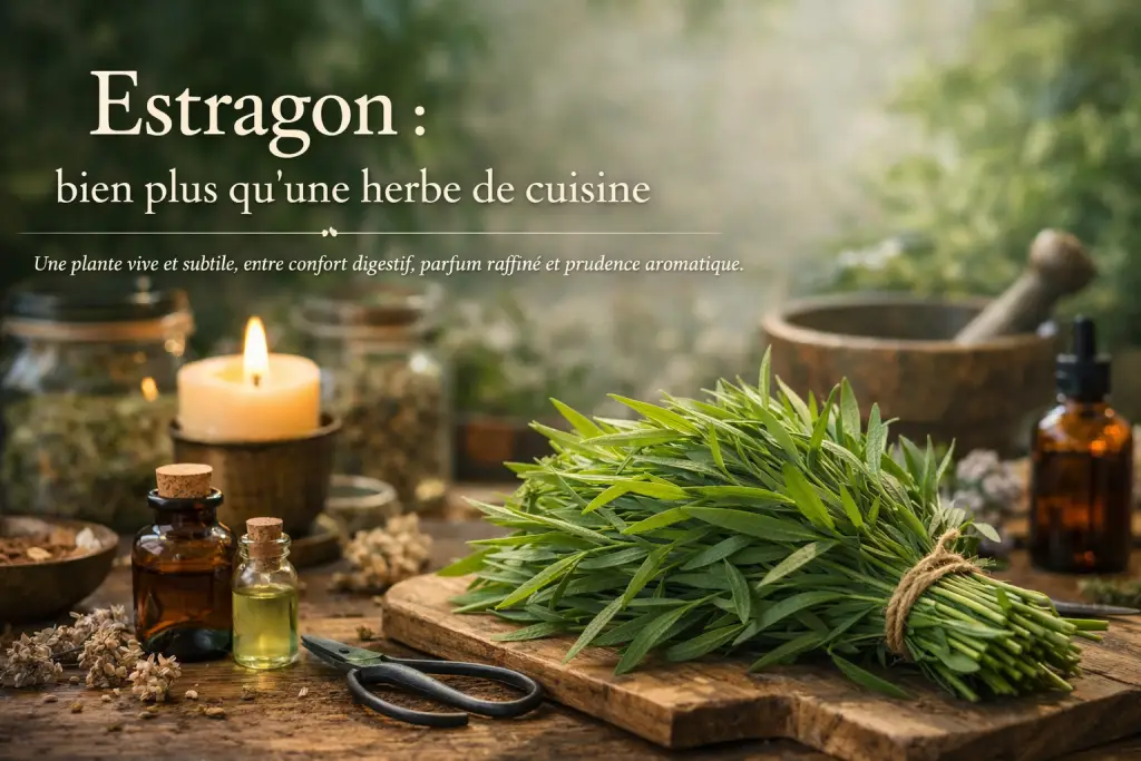 Bannière botanique avec estragon frais, lumière douce et ambiance d’atelier végétal