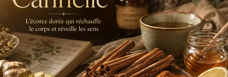 Bannière Alchimiste avec cannelle, thé vert, citron, gingembre et miel dans une ambiance d’herboristerie chaleureuse