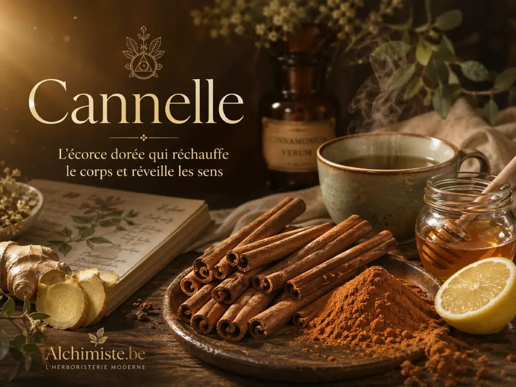 Bannière Alchimiste avec cannelle, thé vert, citron, gingembre et miel dans une ambiance d’herboristerie chaleureuse