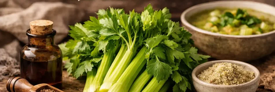 Céleri branche frais avec graines de céleri, sel de céleri et bol de soupe dans une ambiance botanique chaleureuse