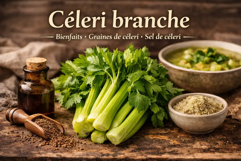 Céleri branche frais avec graines de céleri, sel de céleri et bol de soupe dans une ambiance botanique chaleureuse