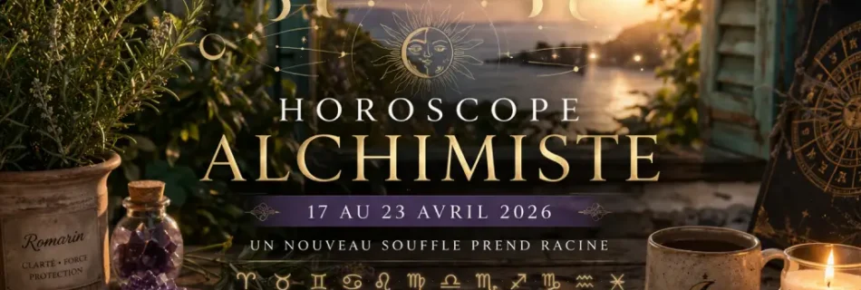 Bannière Horoscope Alchimiste du 17 au 23 avril 2026 avec romarin, symboles astrologiques dorés et lumière de lever du soleil