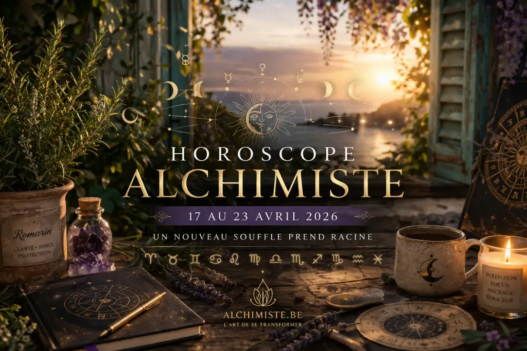 Bannière Horoscope Alchimiste du 17 au 23 avril 2026 avec romarin, symboles astrologiques dorés et lumière de lever du soleil