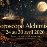 Horoscope Alchimiste du 24 au 30 avril 2026 avec lune, cannelle, tasse fumante et symboles astrologiques