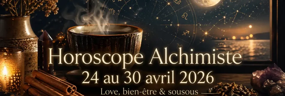 Horoscope Alchimiste du 24 au 30 avril 2026 avec lune, cannelle, tasse fumante et symboles astrologiques