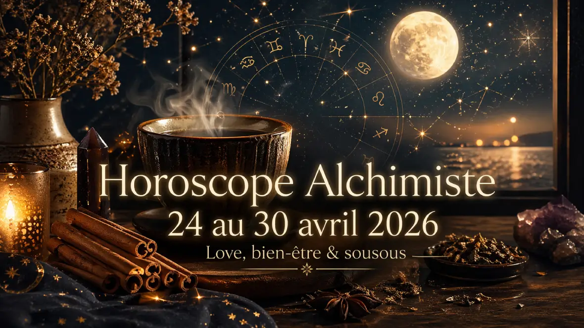 Horoscope Alchimiste du 24 au 30 avril 2026 avec lune, cannelle, tasse fumante et symboles astrologiques