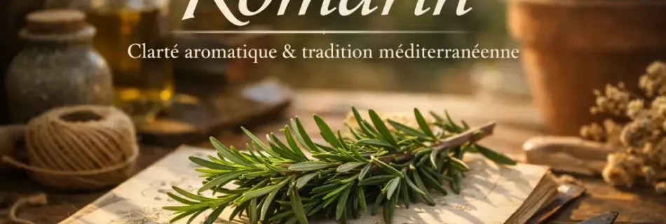 Branche de romarin posée sur un carnet botanique ancien dans une ambiance chaleureuse et méditerranéenne