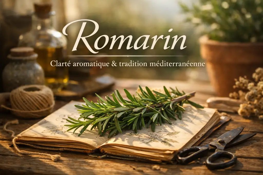 Branche de romarin posée sur un carnet botanique ancien dans une ambiance chaleureuse et méditerranéenne